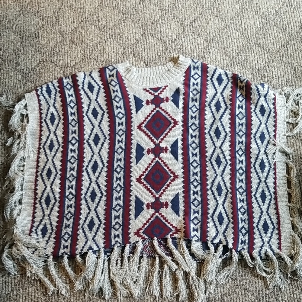 Geometric Patterned Fringe Sweater - Cream, Red, and Blue